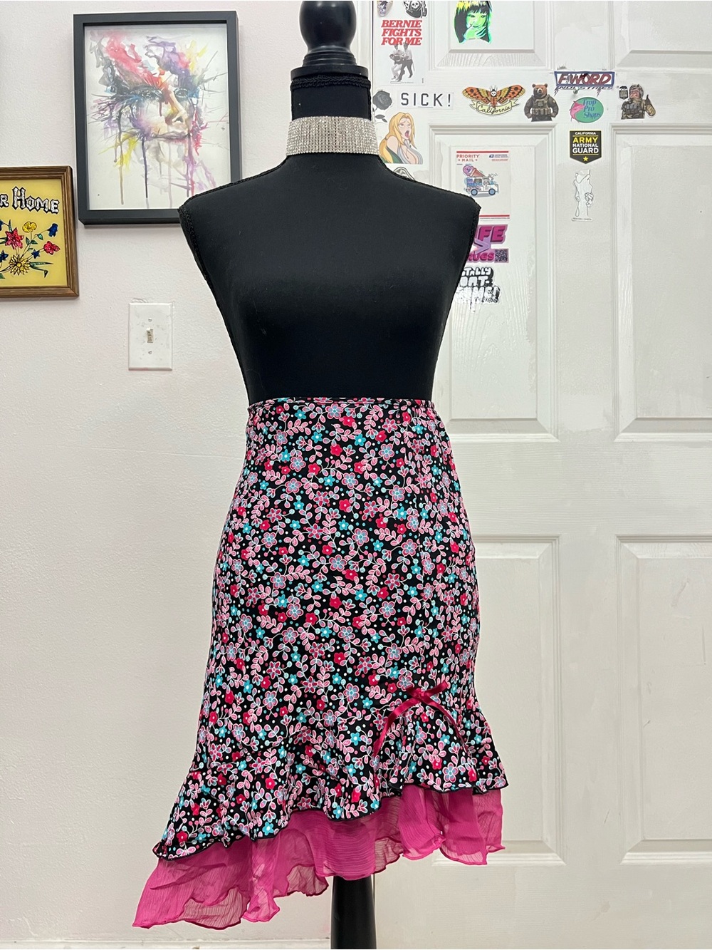 F&F Black Floral Midi Skirt with Pink Ruffle Hem
